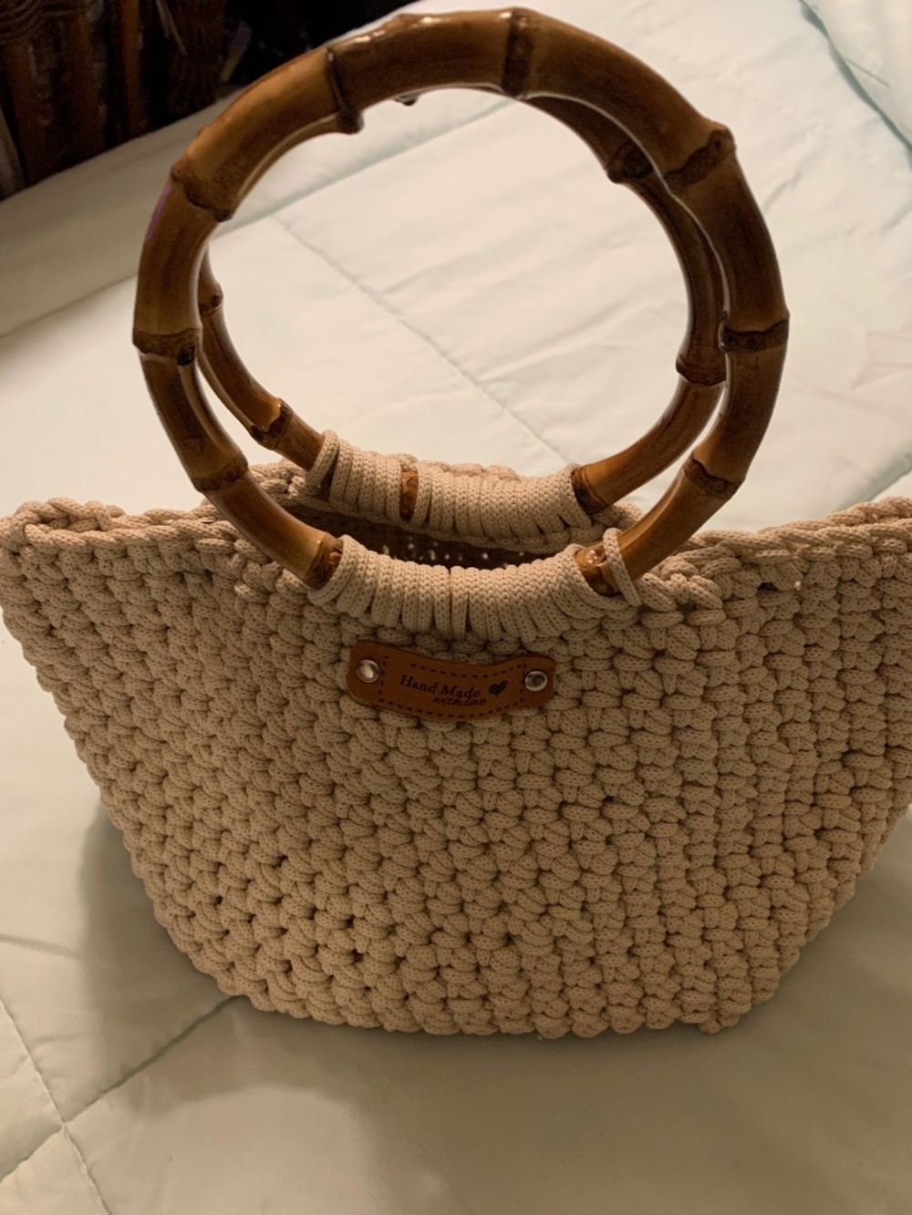 Creme Crocheted handmade handbag with wooden handles, New